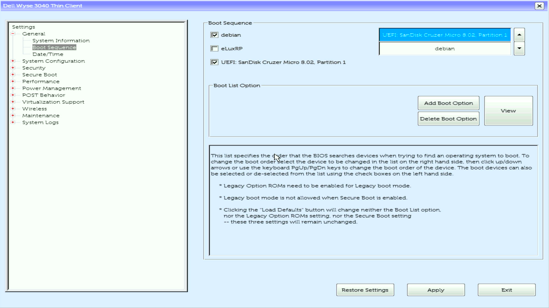 Dell Wyse 3040 BIOS/UEFI Settings